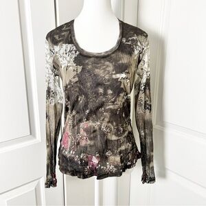 Marc Aurel Mesh Tulle Handsewn Embro Sequins Luxe Grunge Graphic Blouse - Medium